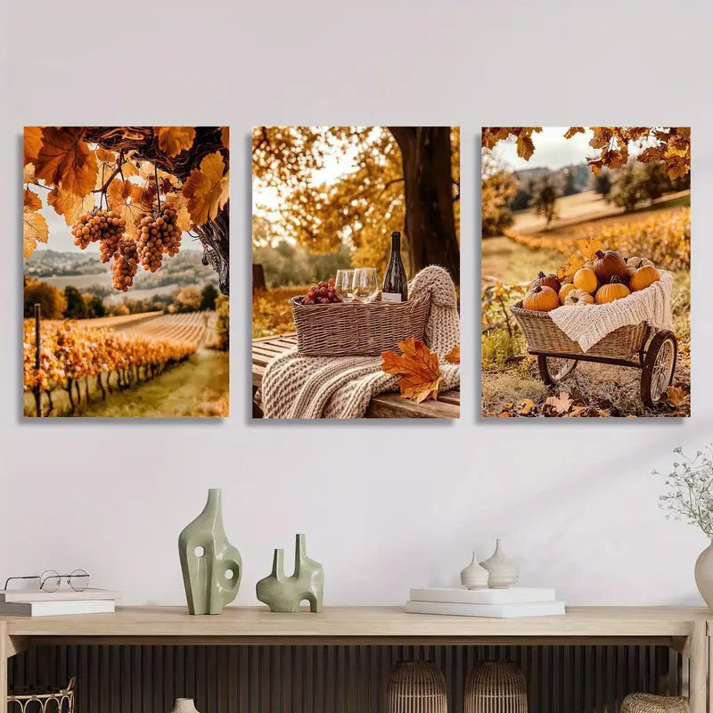 3pcs Autumn Harvest Scene With Sunset Sky Metal Print Ready to Hang Art - Bella Home Decor
