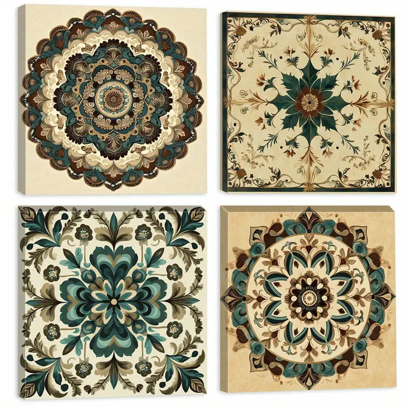 4pcs Mandala  Floral Wall Decor, Intricate Wall Art Canvas Framed