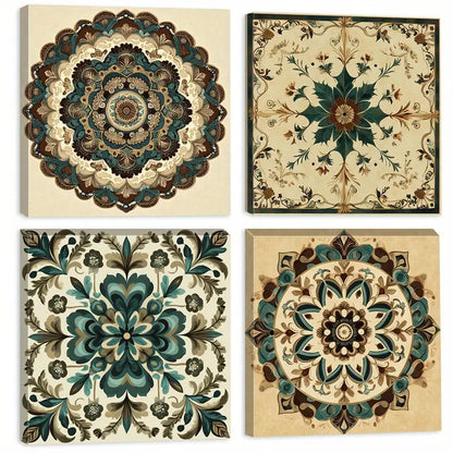 4pcs Mandala  Floral Wall Decor, Intricate Wall Art Canvas Framed