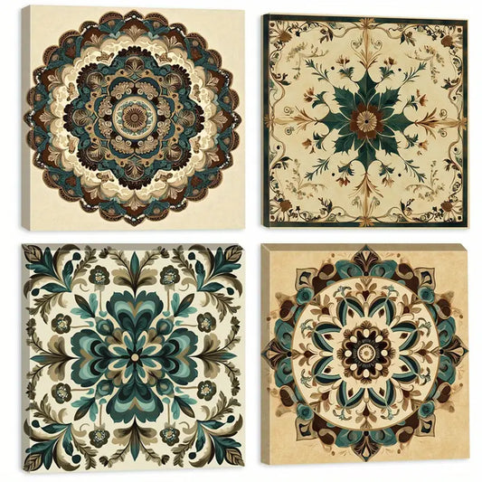 4pcs Mandala  Floral Wall Decor, Intricate Wall Art Canvas Framed