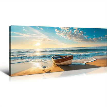Beach Ocean Sunset Blue Waves Coastal Scene Boat & Seagulls Wall Art canvas office home room framed 120x60cm - Bella Home Decor