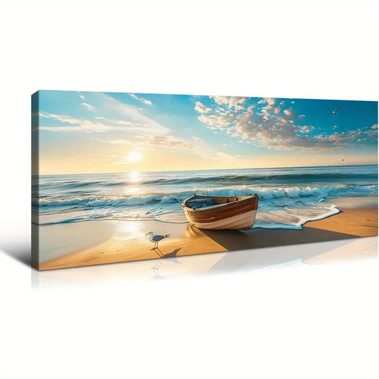 Beach Ocean Sunset Blue Waves Coastal Scene Boat & Seagulls Wall Art canvas office home room framed 120x60cm - Bella Home Decor