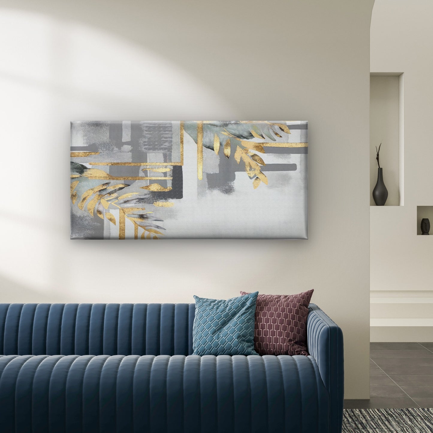 Grey Gold Foil Abstract Palm Leaf Wall Art Canvas Office Home Framed 120x60cm