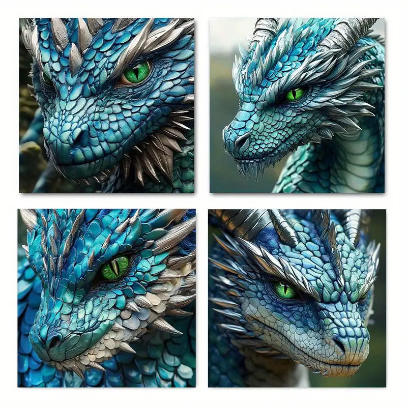 4pcs  Vibrant Blue Scales & Green Eyes Wall Art Canvas Framed