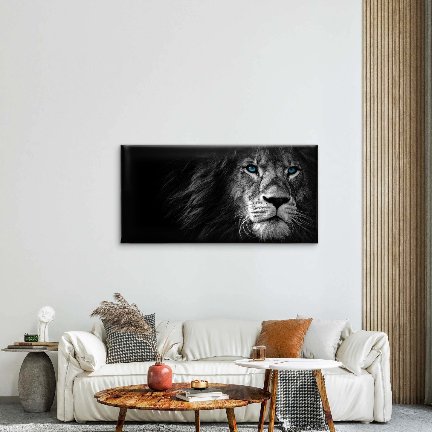 Black and White Lion Blue Eyes Wall Art Canvas Office Home Room Framed 120x60cm