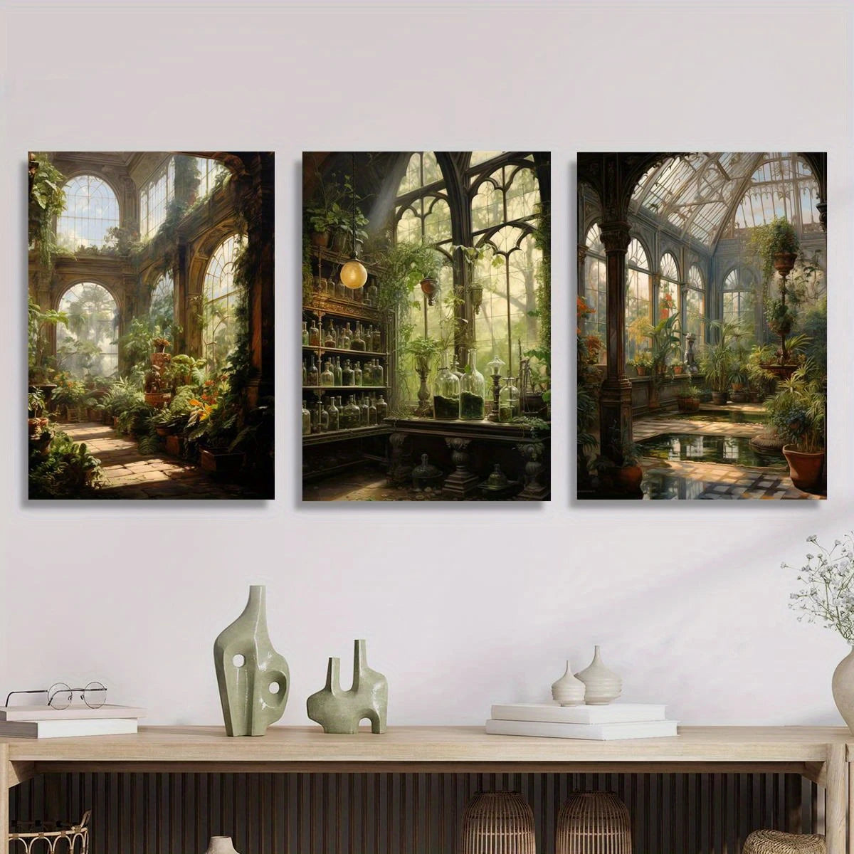 3pcs Botanical Garden with Stone Paths, Greenhouse Metal Print Ready to Hang Art