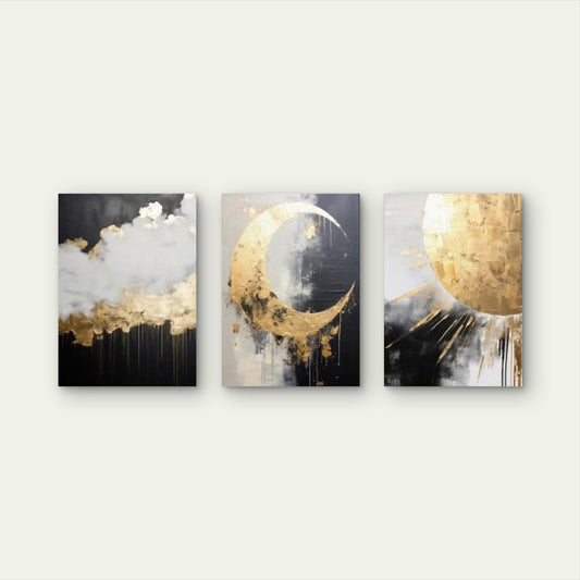 3pcs Abstract Gold Leaf Celestial Moon Sun Wall Art Set Canvas Framed 40x60cm - High Quality Print 100% Australian Made Wall Canvas Ready to Hang - Bella Home Decor
