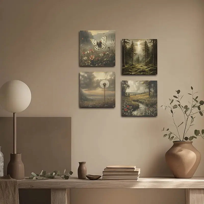 4pcs Pine Tree With Lake,Butterfly Wall Art Canvas Framed