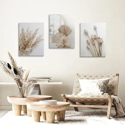 3pcs Cattail Reed & Dried Leaf Pattern Beige Metal Print Ready to Hang Art