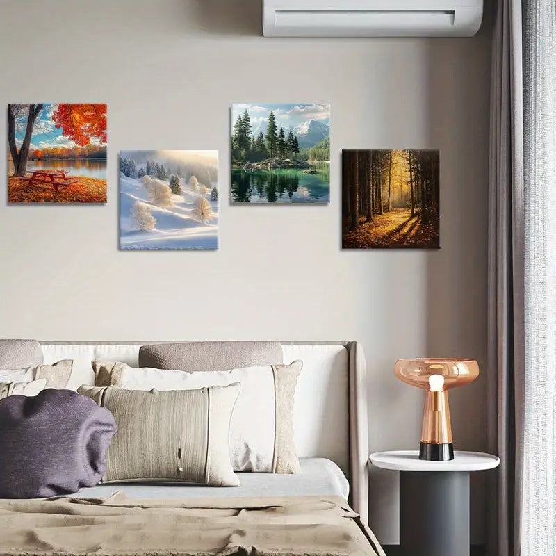 4pcs Seasonal Landscapes  Wall Art Canvas Framed