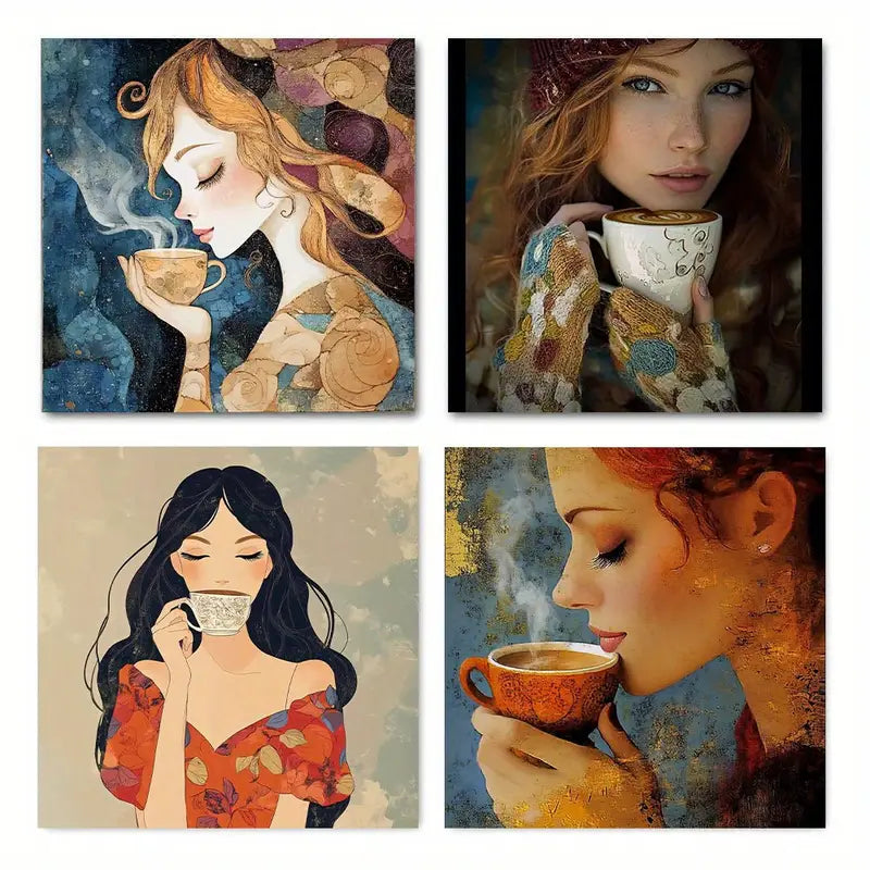 4pcs  Abstract Coffee Girl Elegant Wall Art Canvas Framed