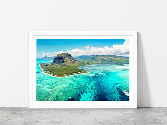 Mauritius Island With Beach Glass Framed Wall Art, Ready to Hang Quality Print With White Border White