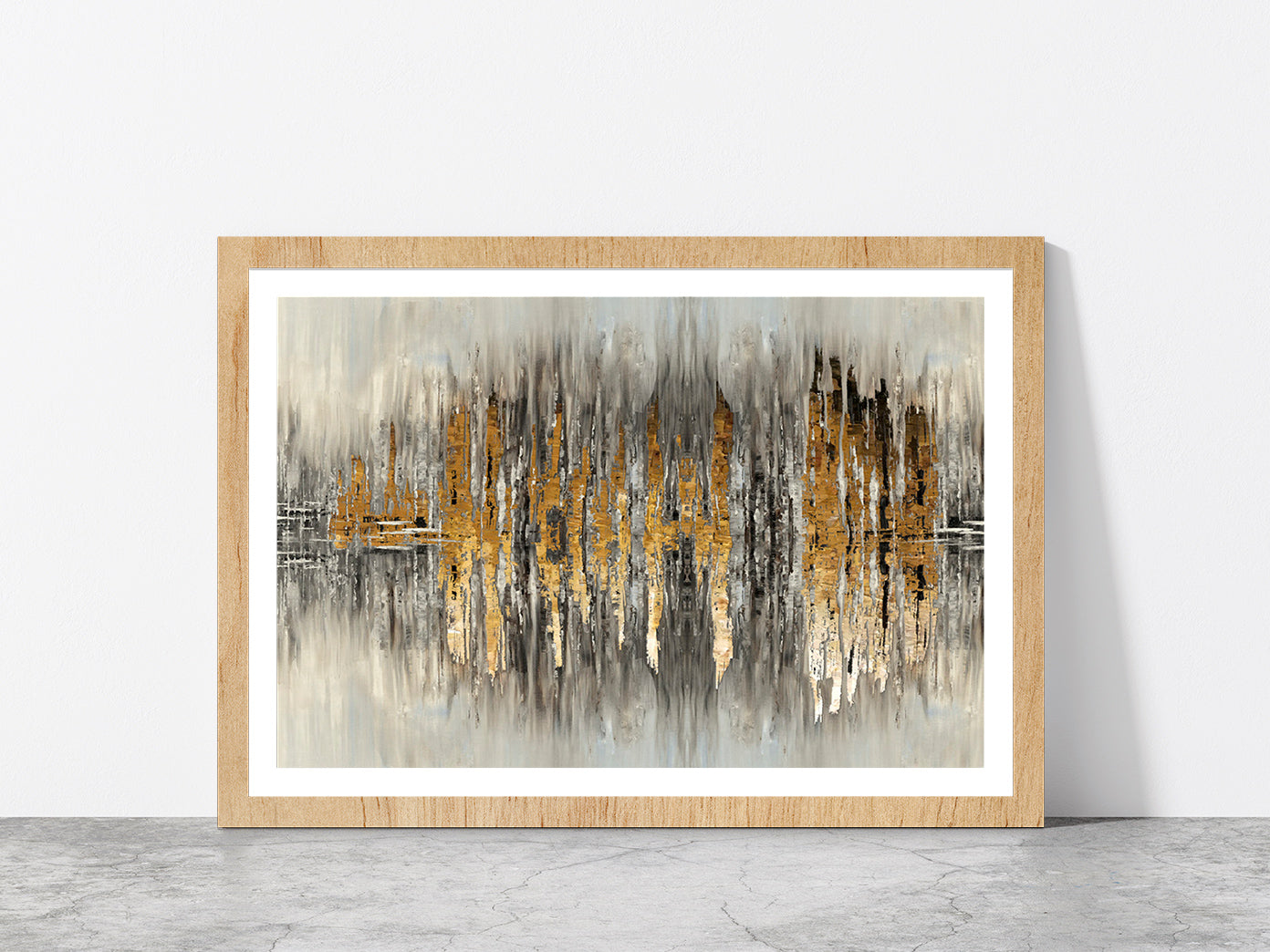 Grey & Gold Abstract Painting Glass Framed Wall Art, Ready to Hang Quality Print With White Border Oak