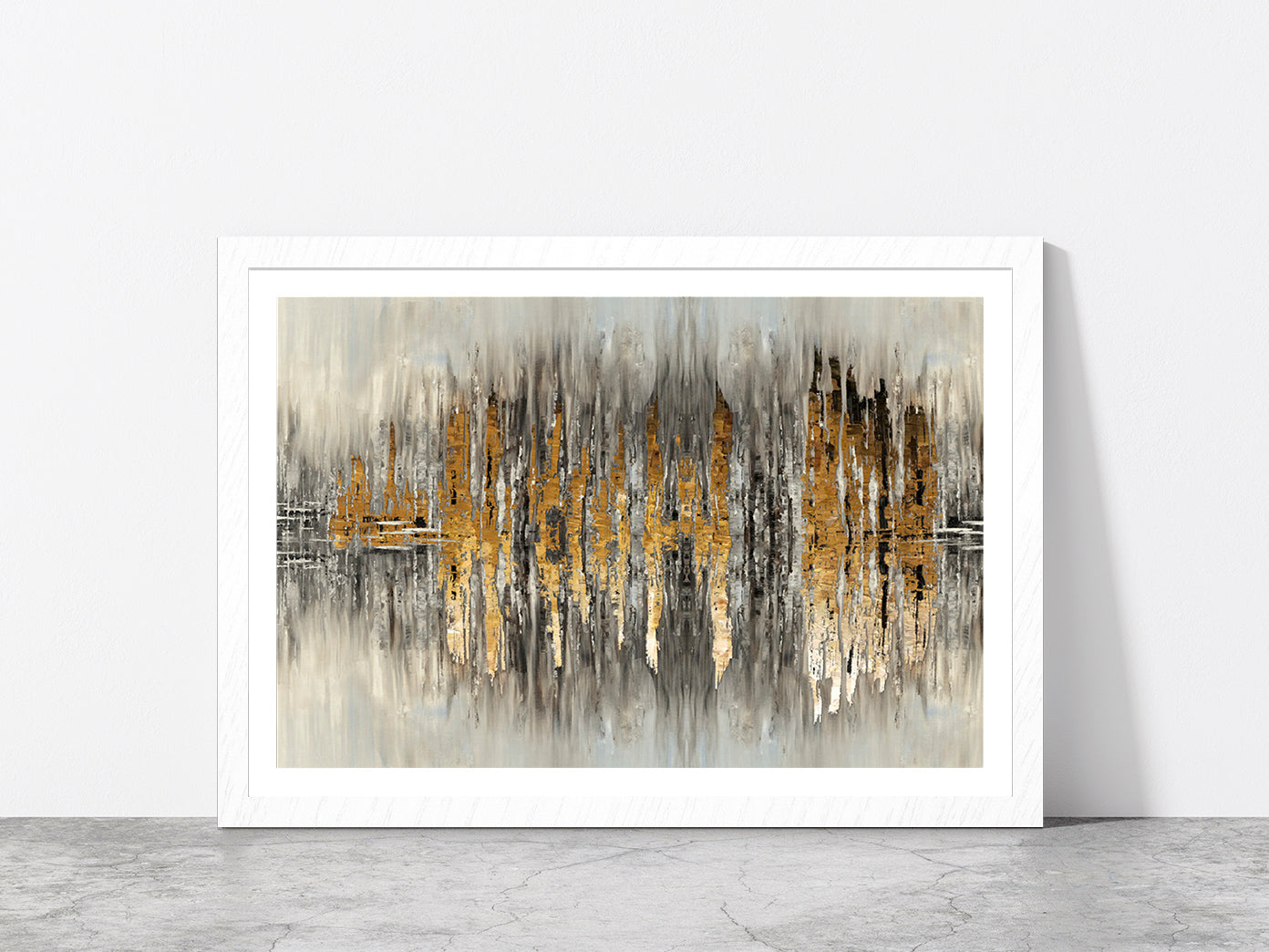 Grey & Gold Abstract Painting Glass Framed Wall Art, Ready to Hang Quality Print With White Border White