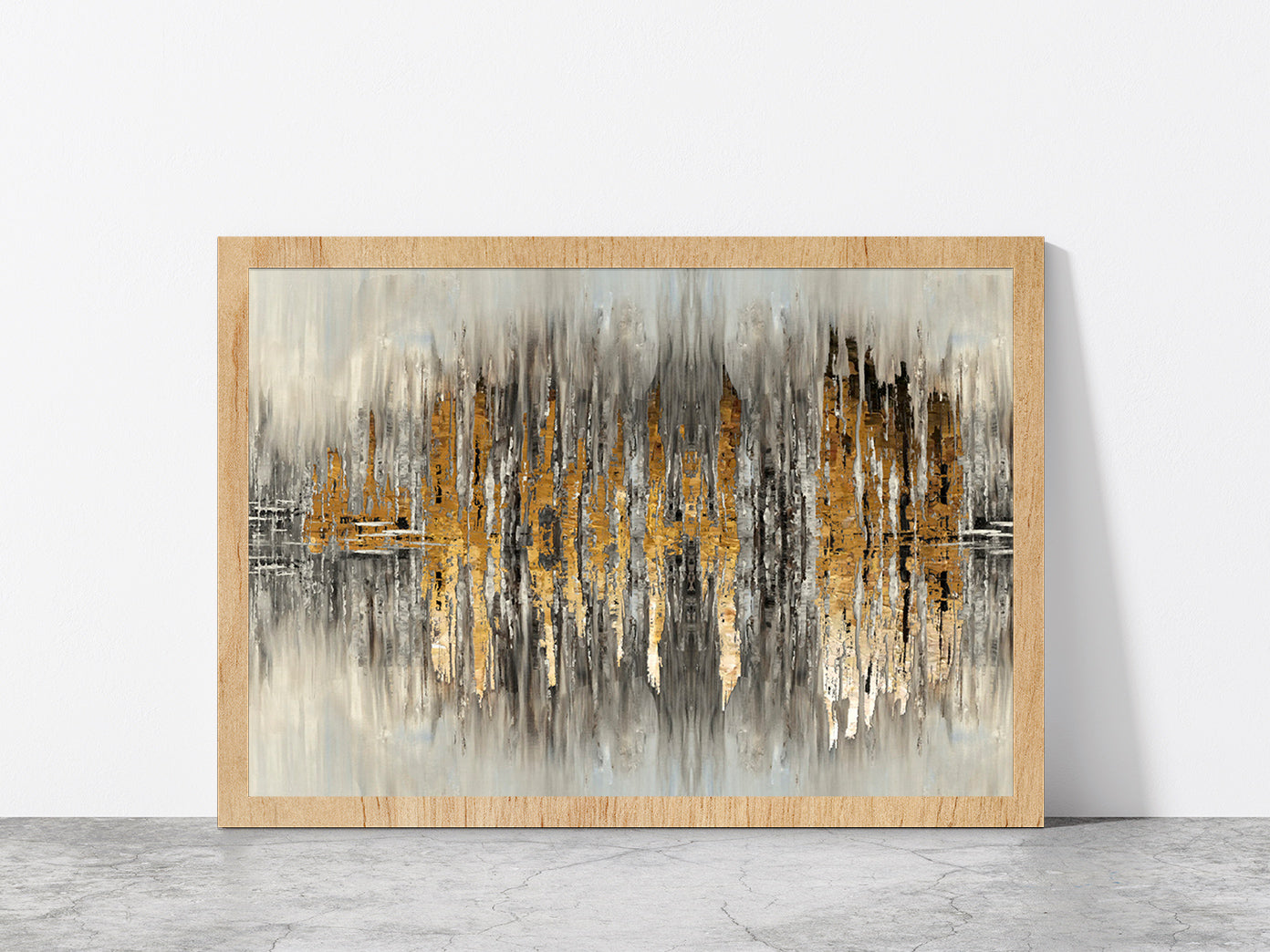 Grey & Gold Abstract Painting Glass Framed Wall Art, Ready to Hang Quality Print Without White Border Oak