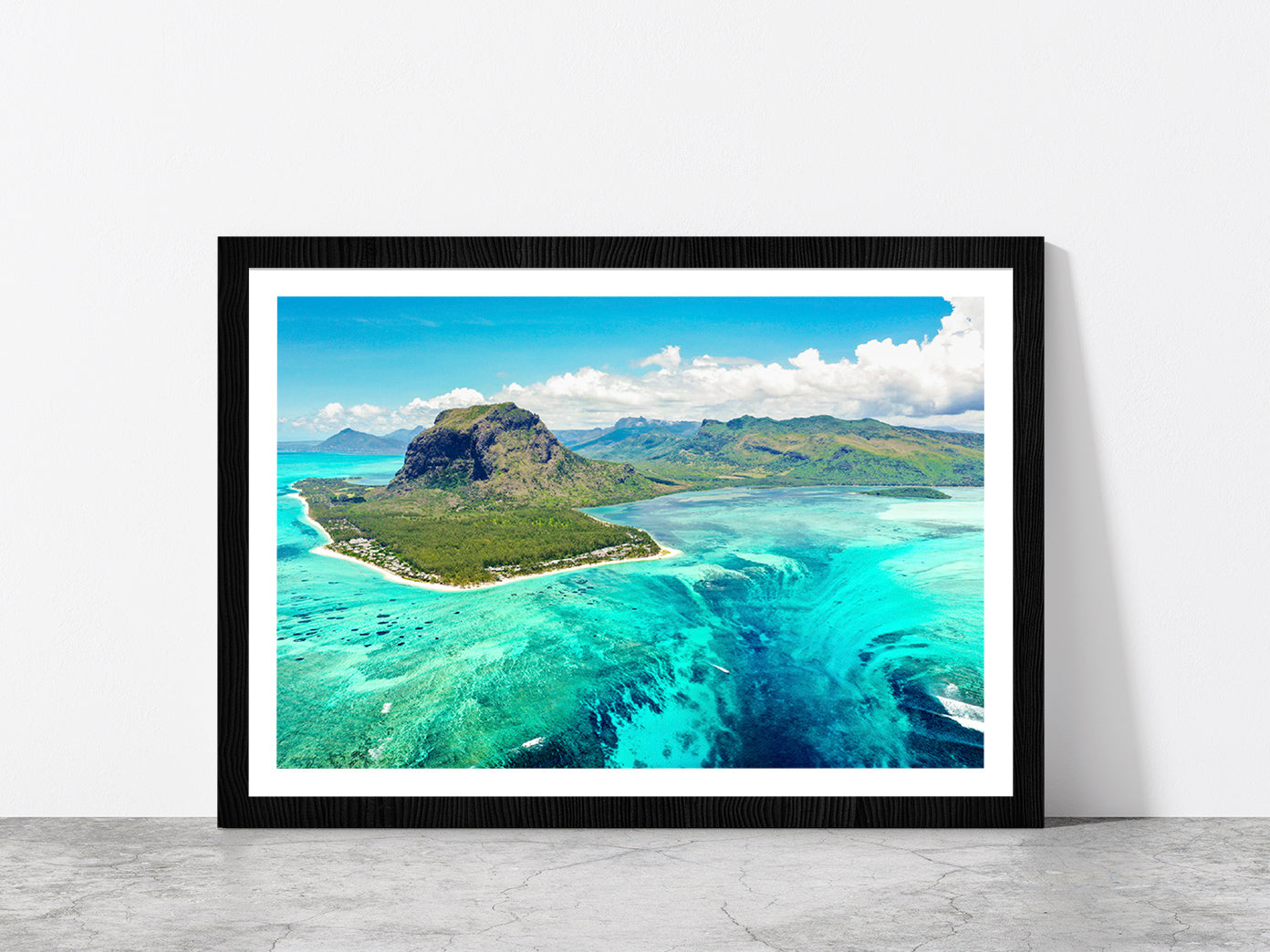 Mauritius Island With Beach Glass Framed Wall Art, Ready to Hang Quality Print With White Border Black