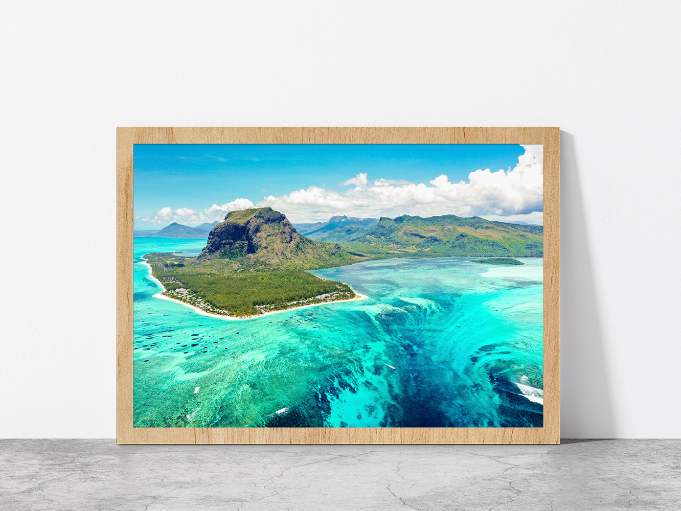 Mauritius Island With Beach Glass Framed Wall Art, Ready to Hang Quality Print Without White Border Oak