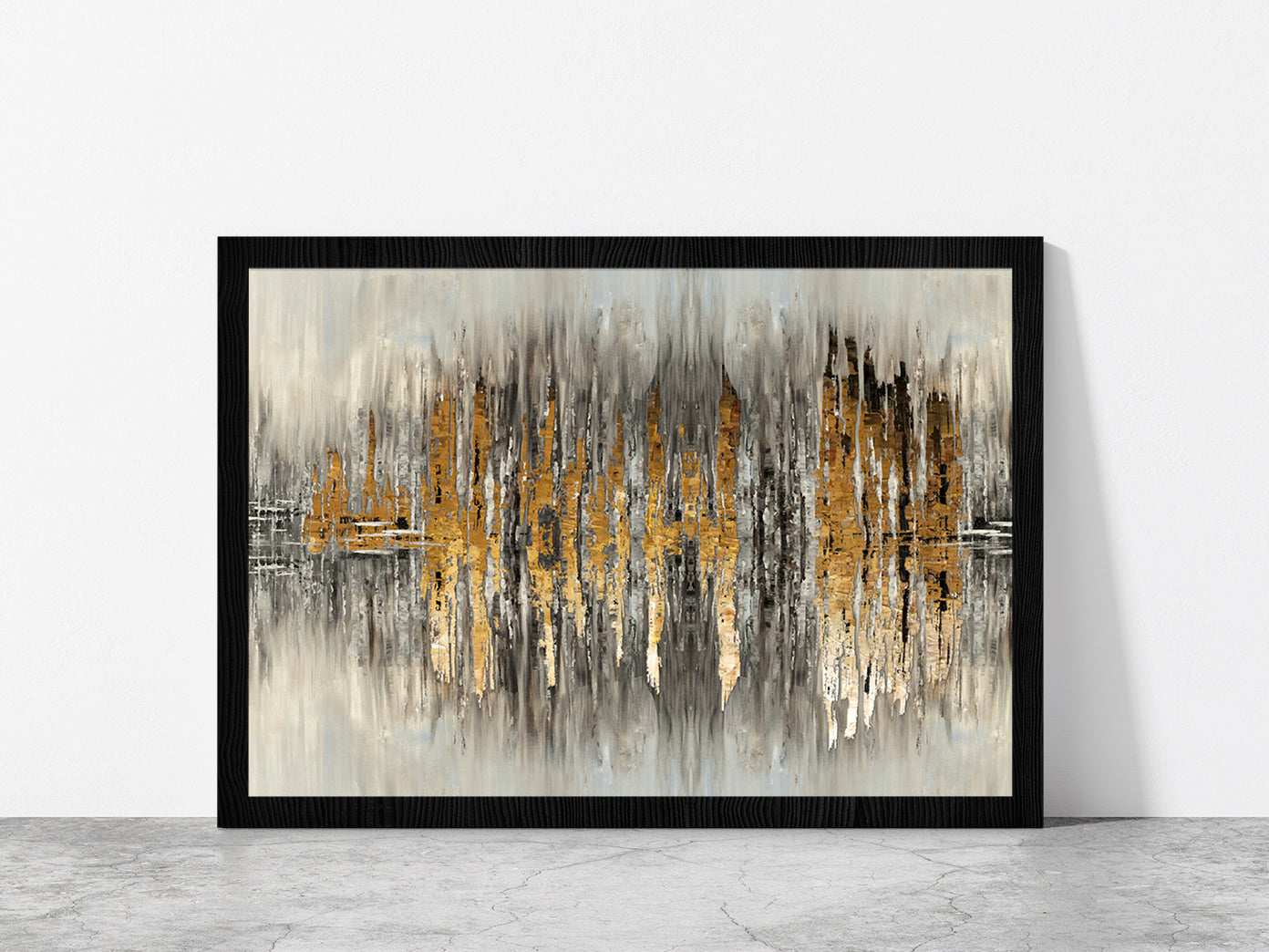 Grey & Gold Abstract Painting Glass Framed Wall Art, Ready to Hang Quality Print Without White Border Black