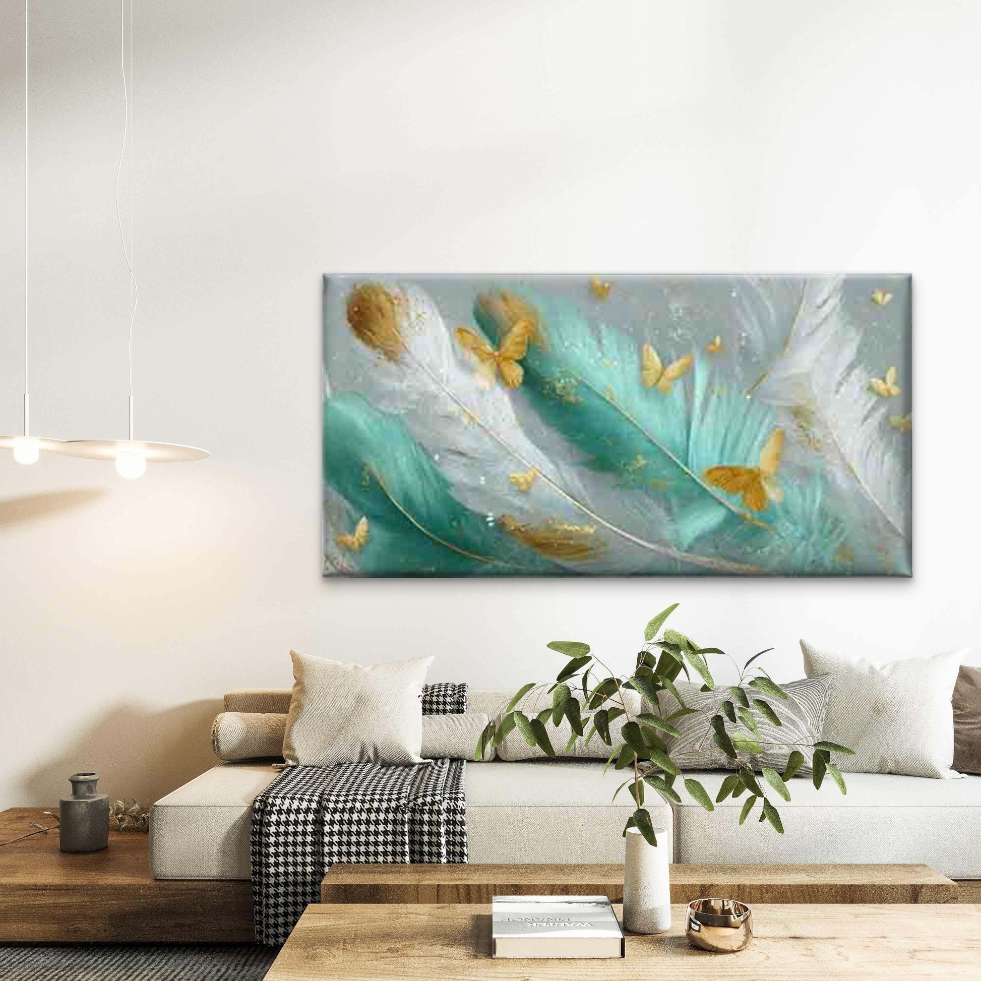 Abstract Feathers And Butterfli Wall Art Canvas Office Home Room Framed 120x60cm - Bella Home Decor