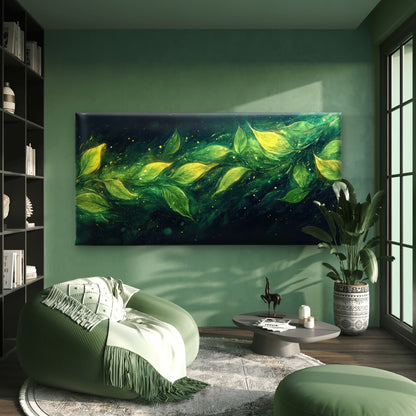Vibrant Green Leaves Sparkle Wall Art Canvas Office Home Room Framed 120x60cm