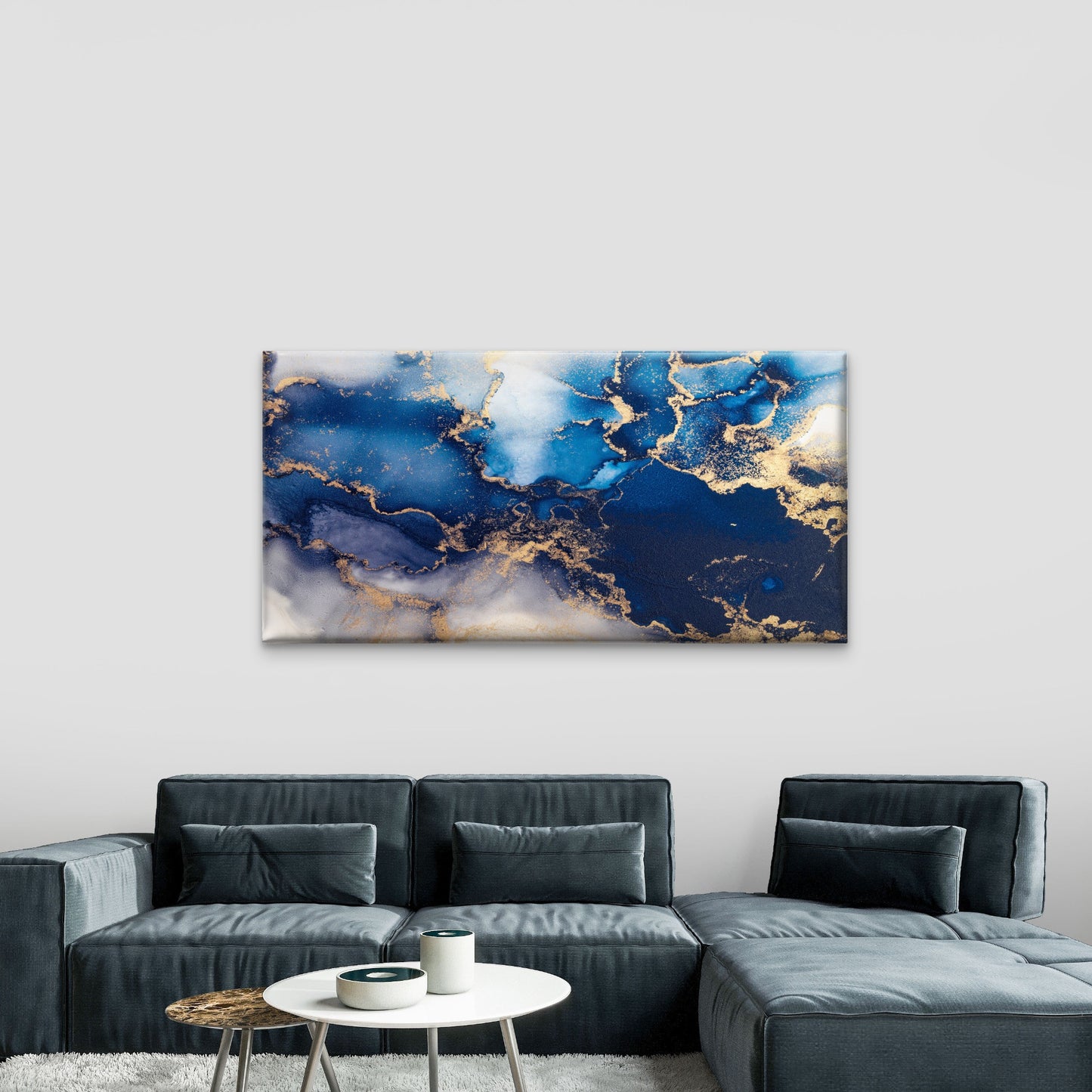 Modern Navy Gold Abstract Fluid Wall Art Canvas Office Home Room Framed 120x60cm