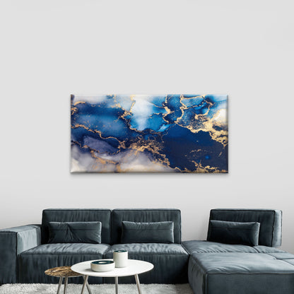 Modern Navy Gold Abstract Fluid Wall Art Canvas Office Home Room Framed 120x60cm