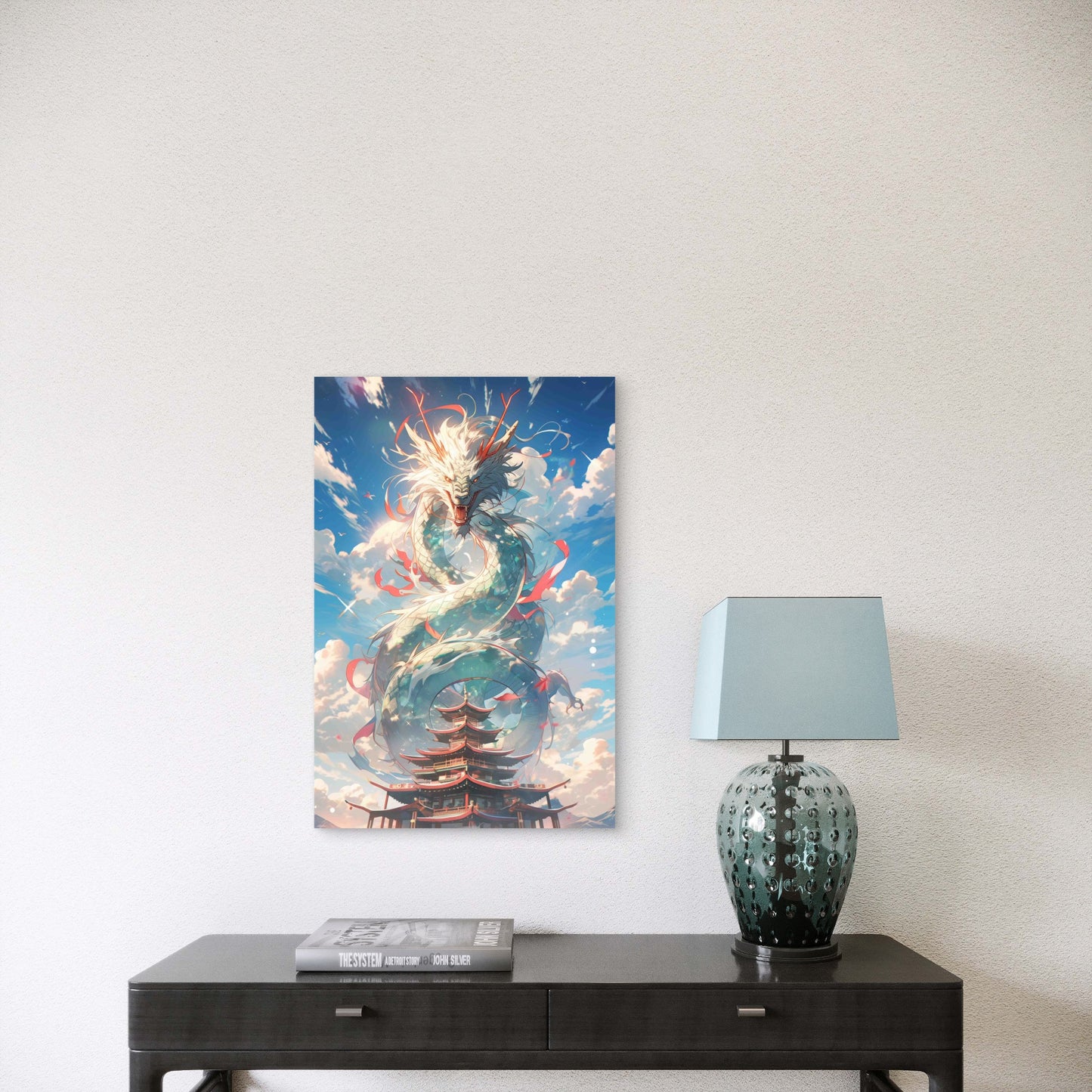 Dragon Flying Above Clouds and Pagodas 60x90cm Metal Print Ready to Hang