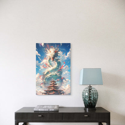 Dragon Flying Above Clouds and Pagodas 60x90cm Metal Print Ready to Hang