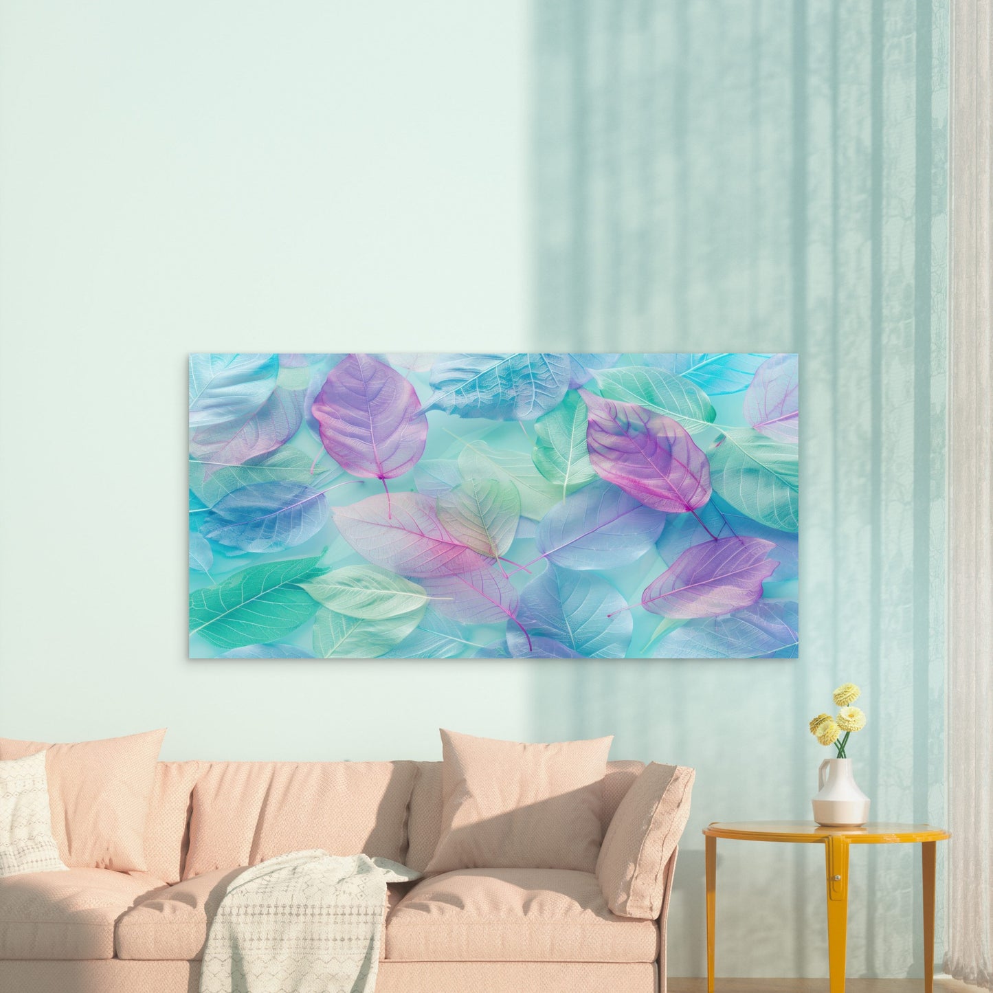 Violet Mist Pastel Leaves Wall Art Canvas Office Home Room Framed 120x60cm - Bella Home Decor
