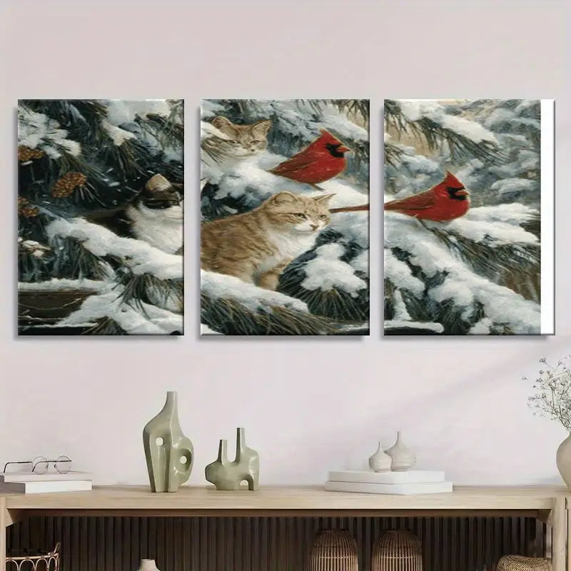 3pcs Winter Cats & Cardinals Painting Metal Print Ready to Hang Art