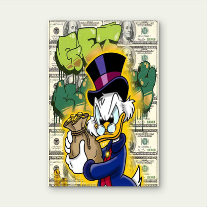 Cartoon Duck Gold Coins Money Bag Graffiti 60x90cm Metal Print Ready to Hang