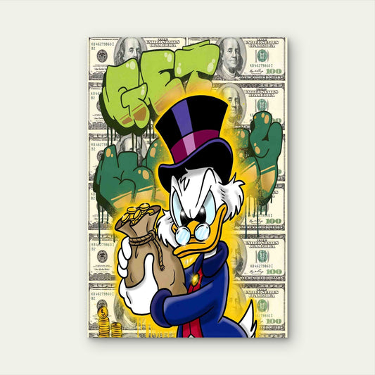 Cartoon Duck Gold Coins Money Bag Graffiti 40x60cm Metal Print Ready to Hang