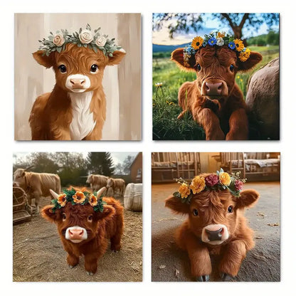 4pcs Charming Highland Calf Wall Art Canvas Framed