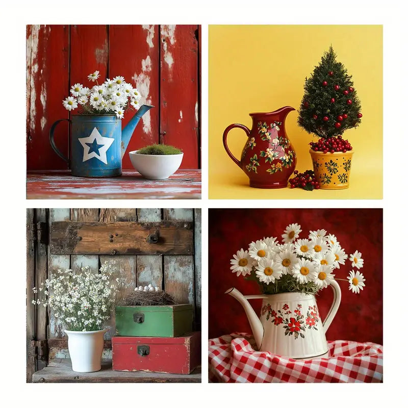 4pcs Rustic Flower With Windows & Doors Wall Art Canvas Framed