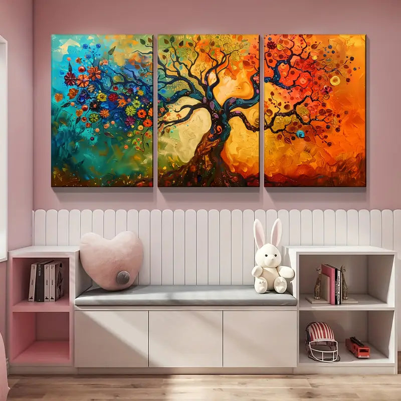 3pcs Tree Of Life & Multicolor Flower Metal Print Ready to Hang Art