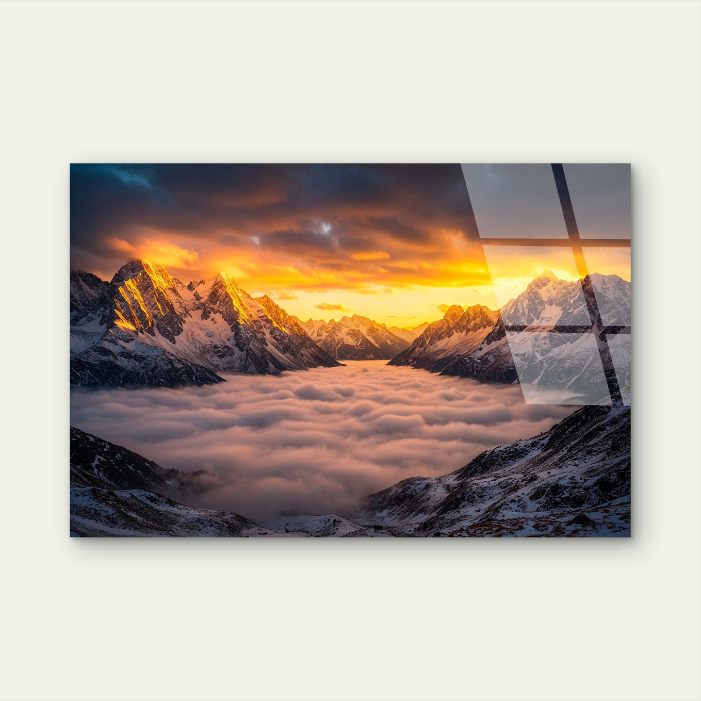 Golden Sunset Mountain Peaks Sea Of Clouds Winter Valley Acrylic Glass Printing Wall Art Australian Made Quality