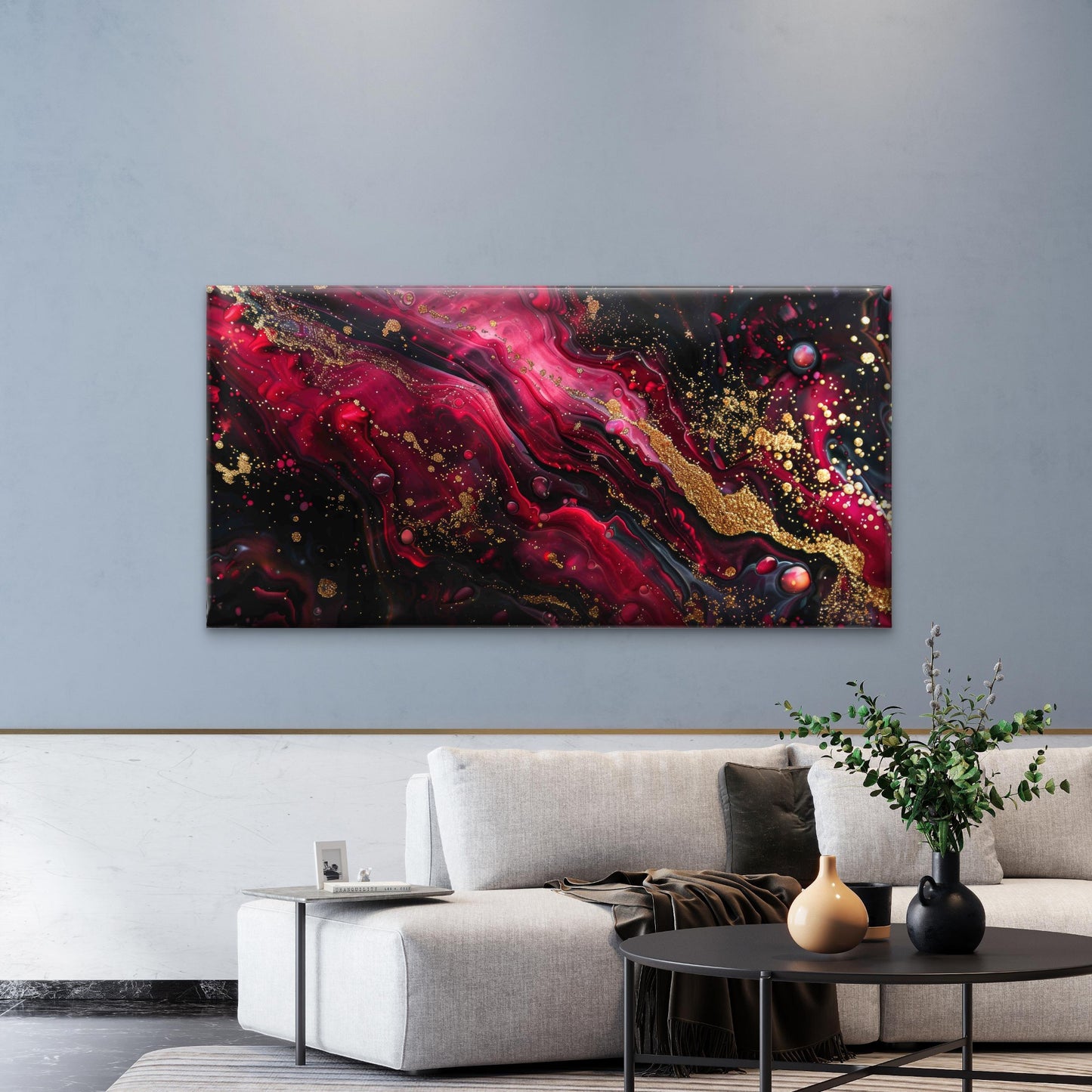Red Black Marble With Gold Hues Wall Art Canvas Office Home Room Framed 120x60cm - Bella Home Decor