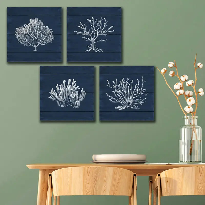 4pcs Coral Ocean Navy Blue Coastal Wall Art Canvas Framed - Bella Home Decor