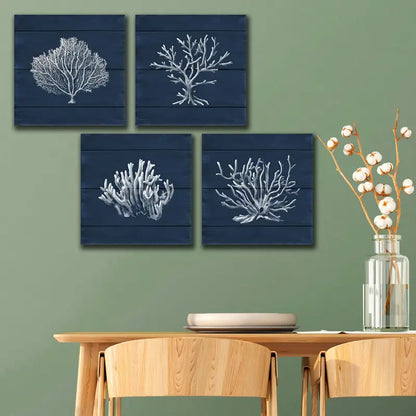 4pcs Coral Ocean Navy Blue Coastal Wall Art Canvas Framed - Bella Home Decor