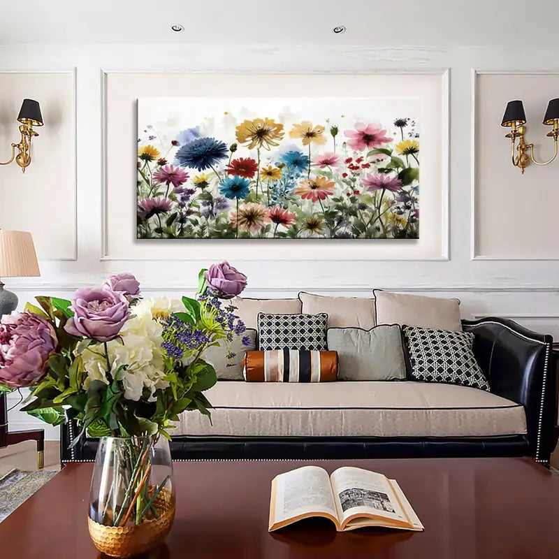 Colourful Flower Wildflowers Wall Art canvas office home room framed 120x60cm - Bella Home Decor