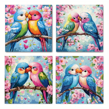 4pcs Vibrant Parrots & Cherry Blossoms CB Wall Art Canvas Framed