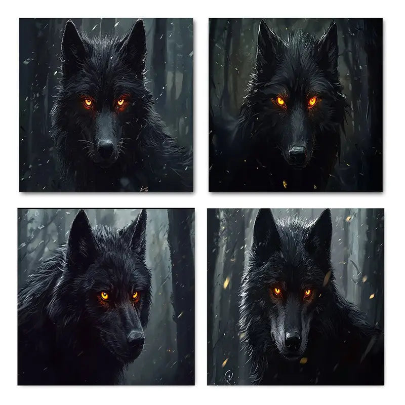 4pcs Dramatic Wolf Portraits with Glowing Orang Wall Art Canvas Framed
