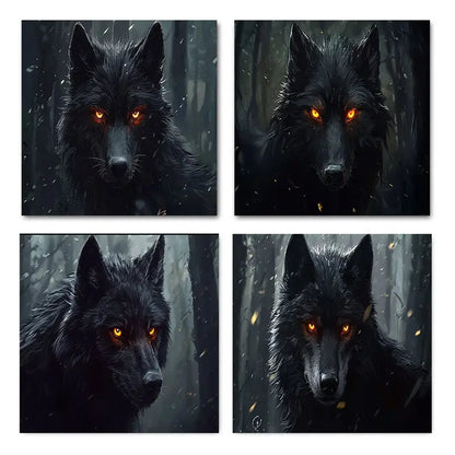 4pcs Dramatic Wolf Portraits with Glowing Orang Wall Art Canvas Framed
