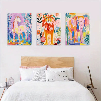 3pcs Colorful Animal Art, Horse, Lion and Elephant Metal Print Ready to Hang Art