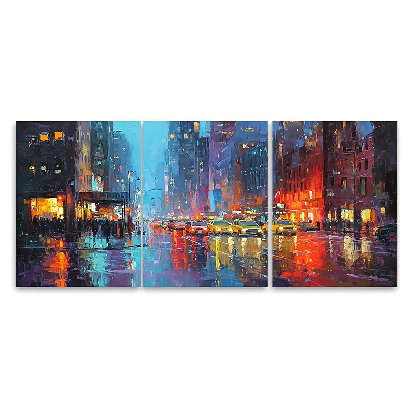3pcs Continuous Rainy Night In The City Metal Print Ready to Hang Art - Bella Home Decor