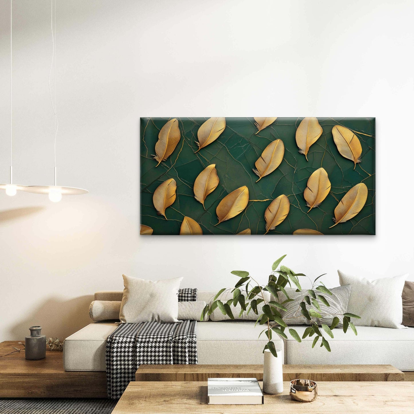 Golden Feathers Arranged Wall Art Canvas Office Home Room Framed 120x60cm - Bella Home Decor