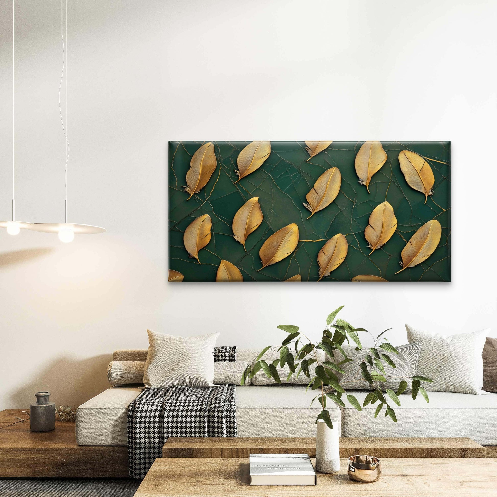 Golden Feathers Arranged Wall Art Canvas Office Home Room Framed 120x60cm - Bella Home Decor