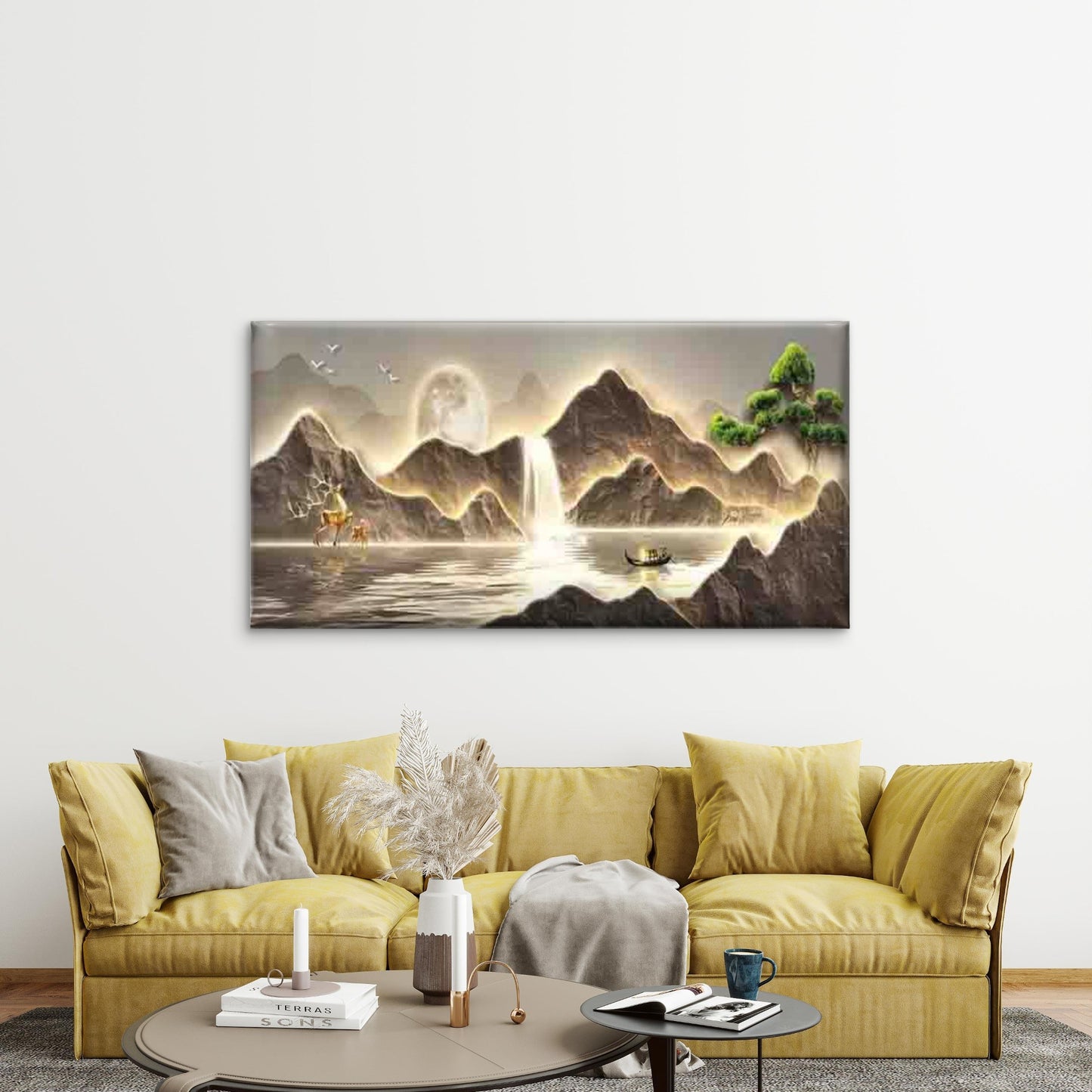 Moonlit Serenity Mountain Water Wall Art Canvas Office Home Room Framed 120x60cm