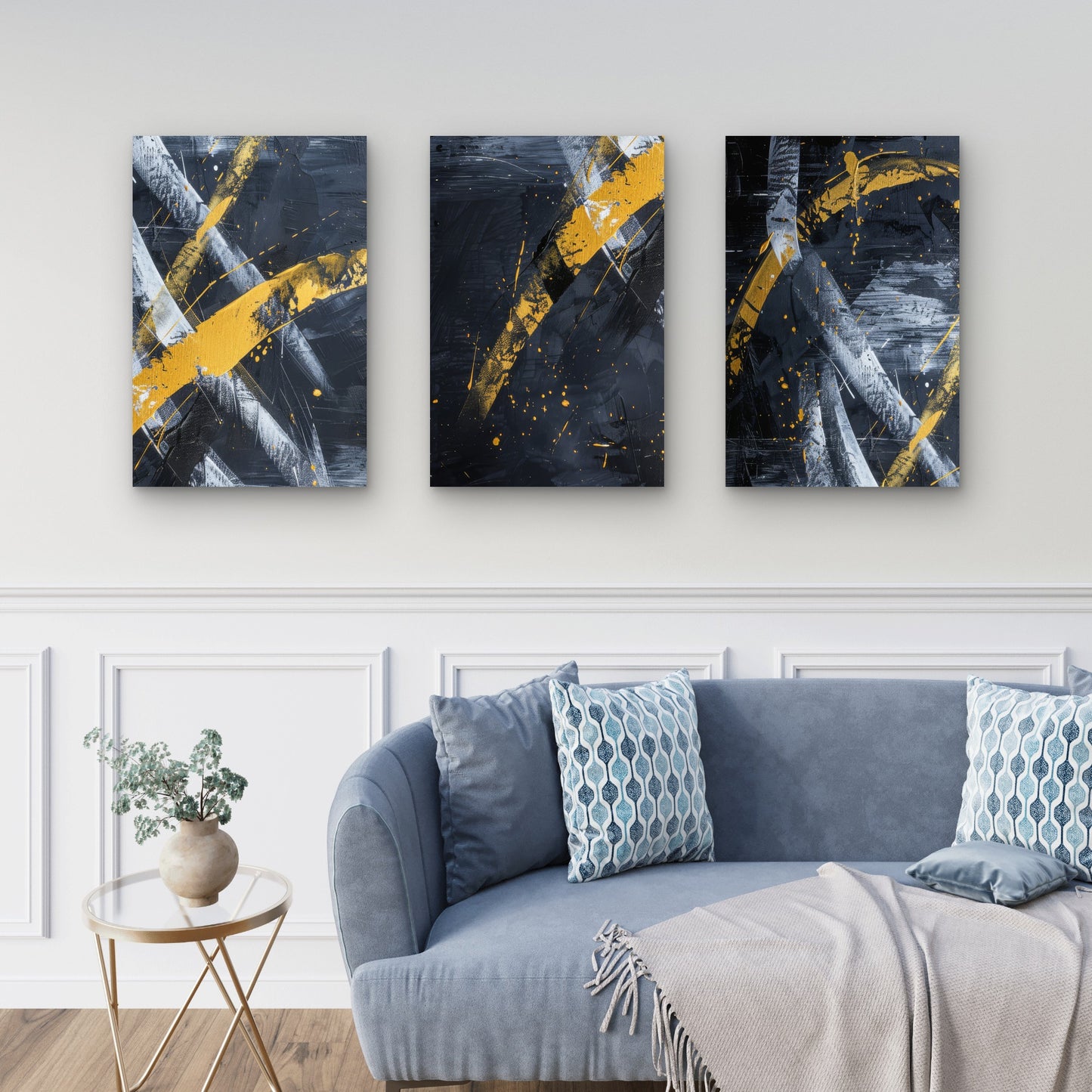3pcs Dark Yellow Splatter Brush Stroke Wall Art Set Canvas Framed 40x60cm - High Quality Print 100% Australian Made Wall Canvas Ready to Hang