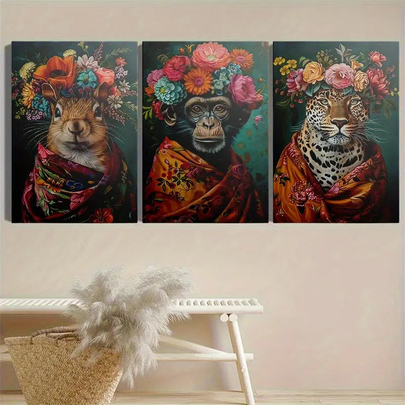 3pcs Monkey Lady Artwork, Squirrel Design, Leopard Metal Print Ready to Hang Art